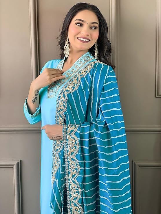 Naixa Women's Rayon Embroidered Straight Kurta with Pant and Dupatta Sets (NX-450) - Image 4