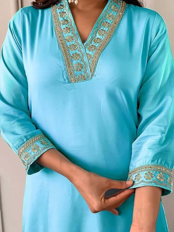 Naixa Women's Rayon Embroidered Straight Kurta with Pant and Dupatta Sets (NX-450) - Image 6